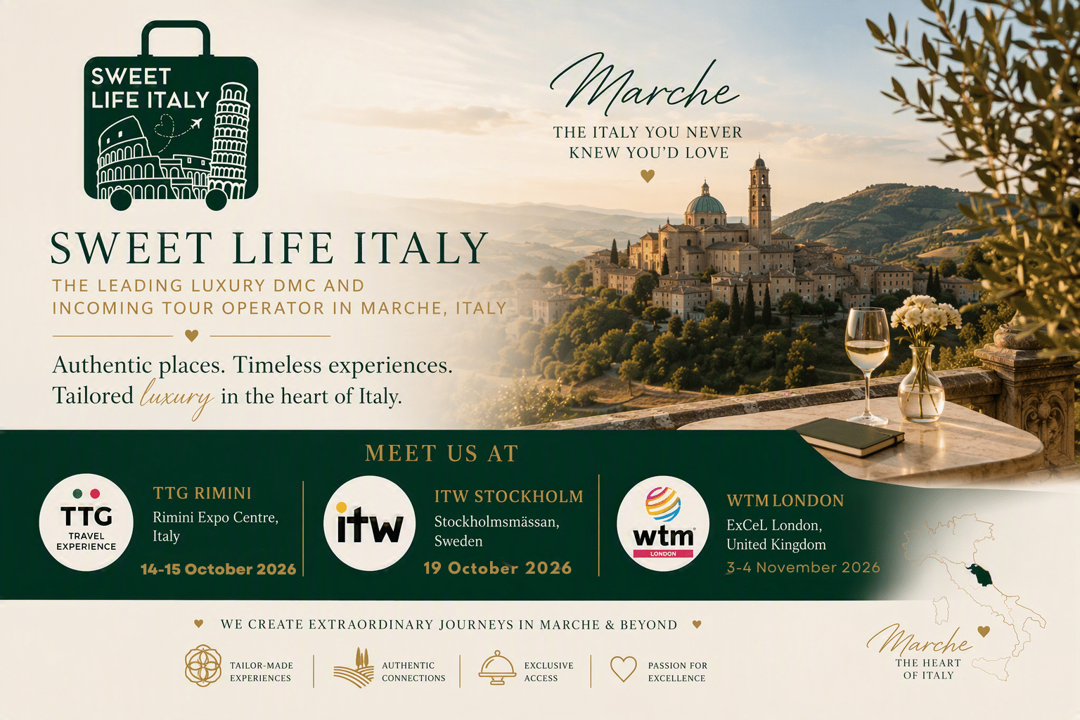 Sweet Life Italy: The Leading Luxury DMC and Incoming Tour Operator in Marche, Italy | Meet Us at TTG Rimini, ITW Stockholm and WTM London 2026