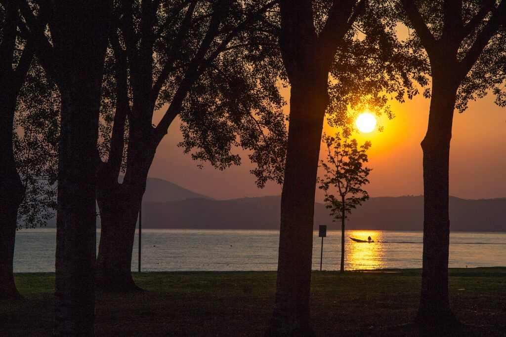 Lake Trasimeno at dawn from Castiglione del Lago, Umbria