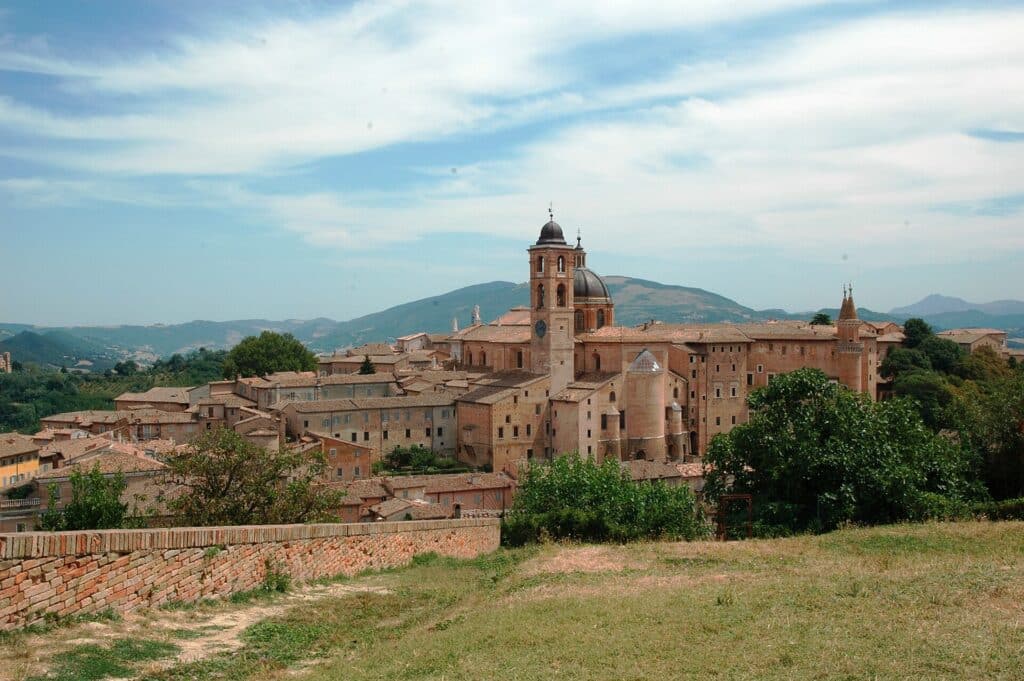 Panoramic view of Urbino, a Renaissance hill town in Marche, Italy
