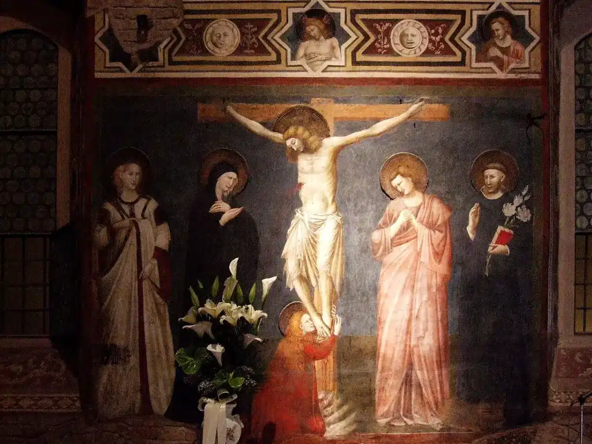 Crucifixion fresco above the altar in the Cappellone of San Nicola in Tolentino