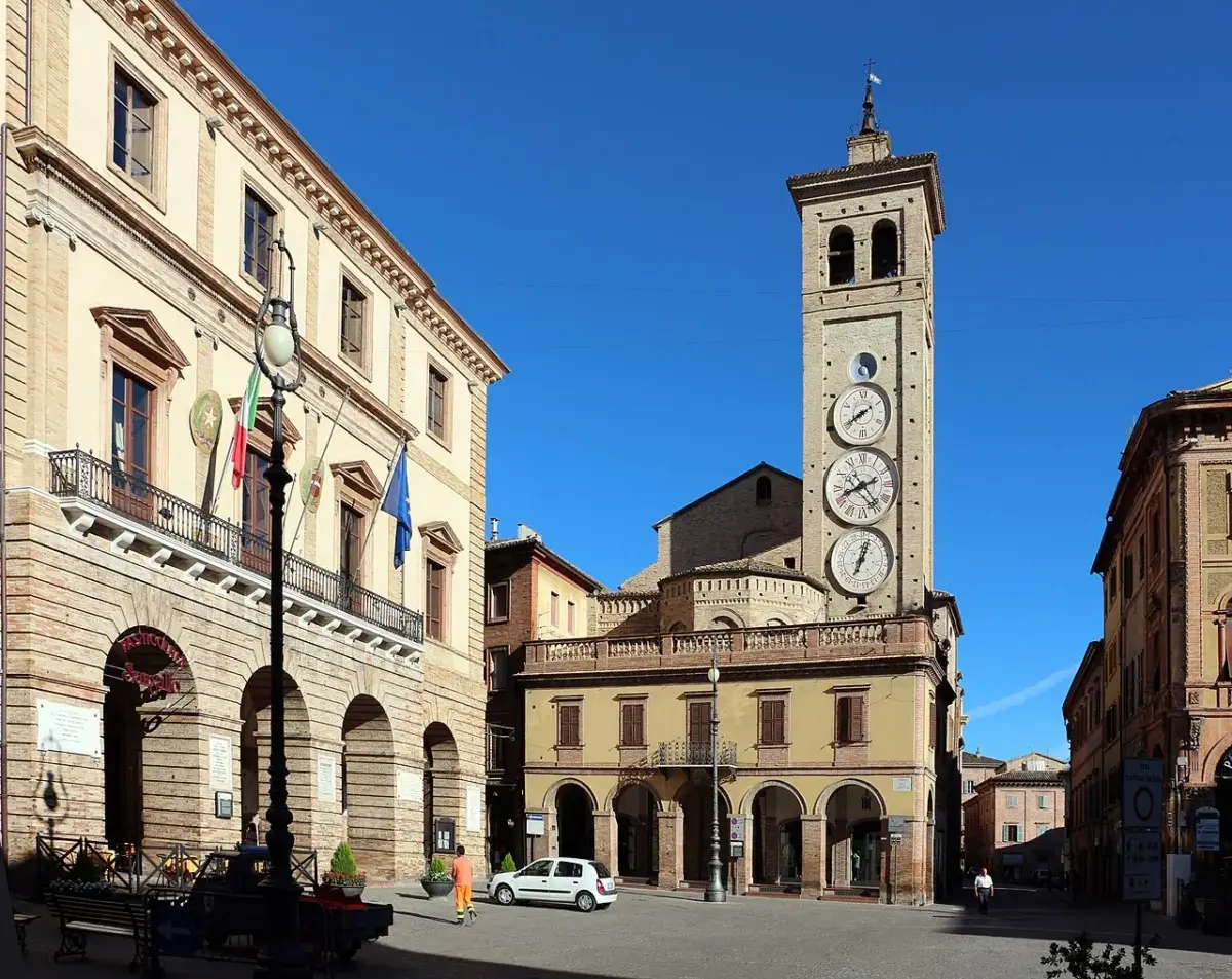 Piazza della Libertà in Tolentino with the town hall and the clock tower